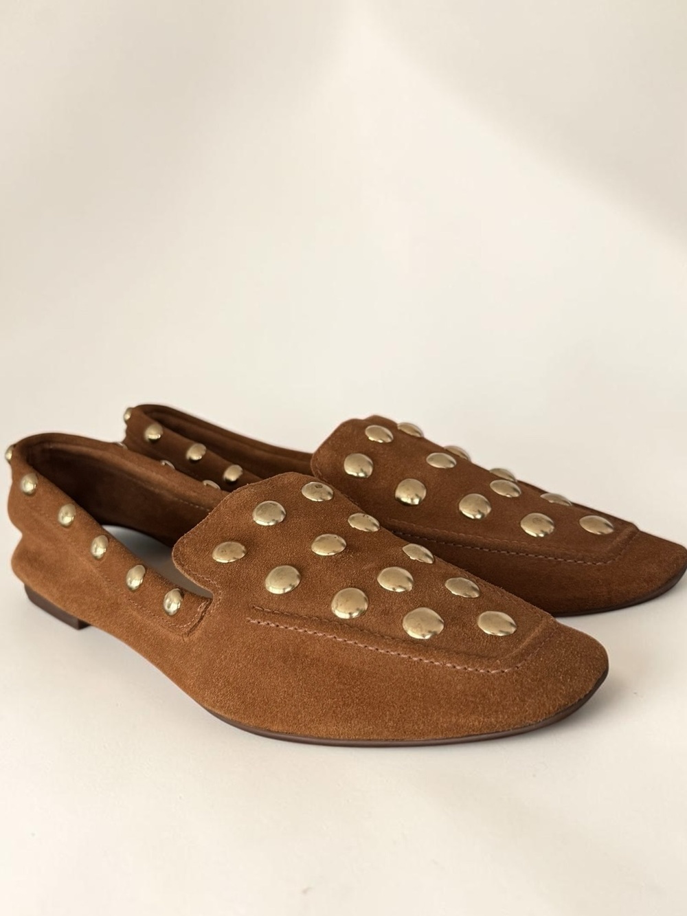 Schutz Suede Leather Gold Studded Women's Loafers in brown camel